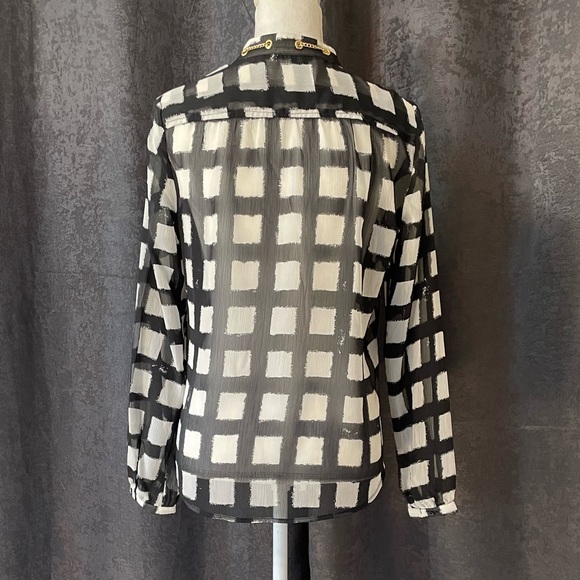 Michael Kors Black and cream checkered sheer blouse with gold woven chain. - Picture 2 of 3